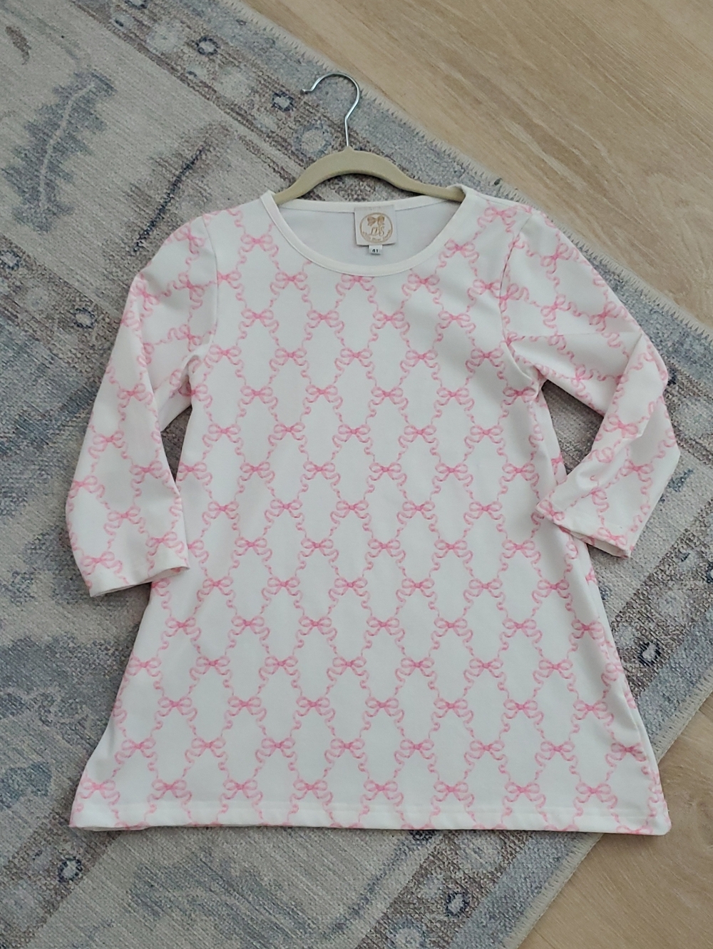 Little Bear Smocks Little Girls Pink Bow Long Sleeve Dress Pink White Sz4T